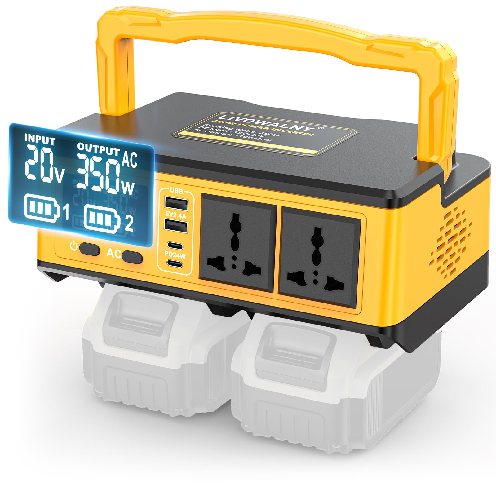 Real 200W Power Inverter Compatible With Dewalt, DC 20V to AC 110-120V Battery Inverter, LIVOWALNY Portable Power Station Generator, Charger Adapter Battery Powered with 2 USB & 1 Type-C & 1 AC Outlet
